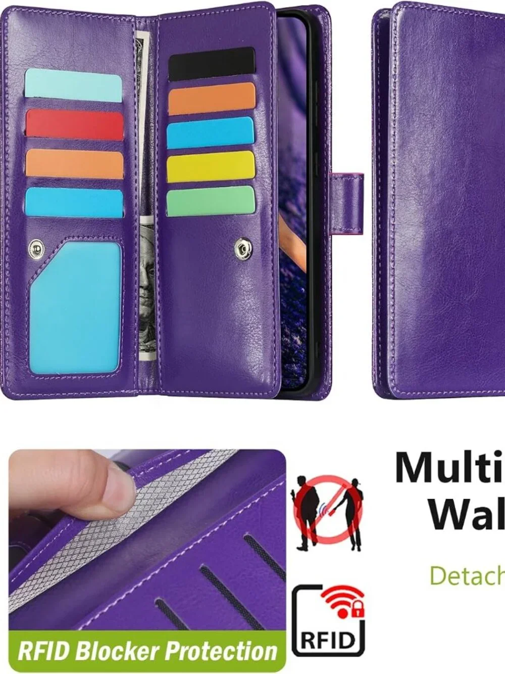 Samsung Galaxy S26 Wallet Case RFID Detachable Card Holder Glitter Purple Cover